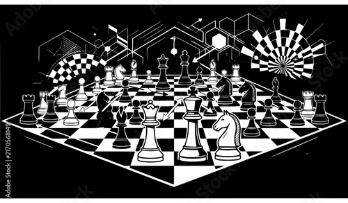 Bild auf Leinwand Chess Pieces Battle Scene on Chessboard Black and White Vector Illustration