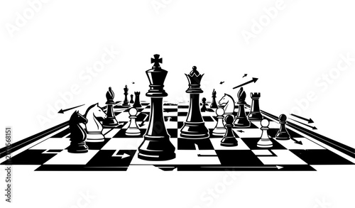 Bild auf Leinwand Chess Pieces Battle Scene on Chessboard Black and White Vector Illustration