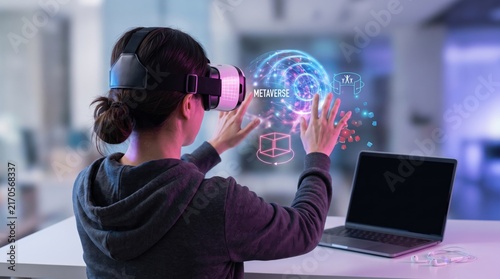 Woman wearing VR headset interacting with futuristic metaverse hologram interface, exploring virtual reality technology, digital transformation, immersive gaming experience