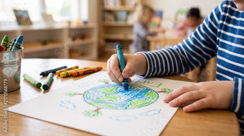 Close up of child hand drawing planet Earth with blue crayon on paper in classroom, education about saving the world, environmental awareness, kindergarten activity