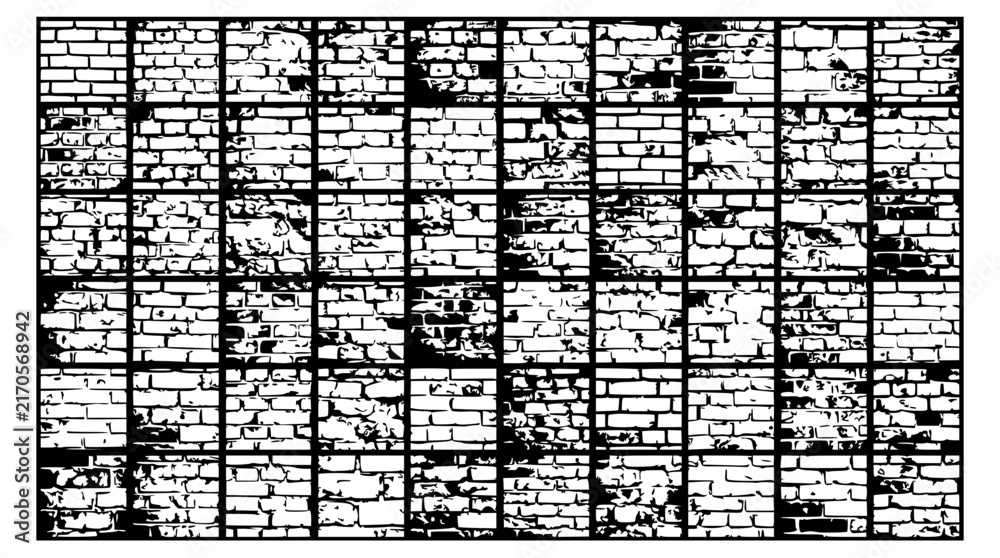 Fototapeta premium Brick wall set with varied textures featuring distressed, weathered, aged, crumbling and damaged sections with monochrome and pattern