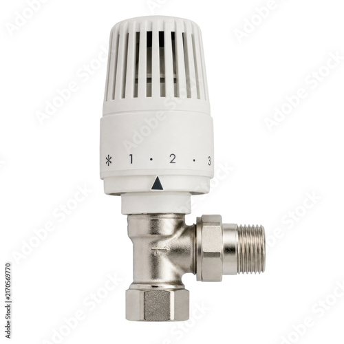 Foto White plastic thermostatic radiator valve with a metal base is precisely photogr