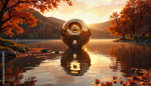 reflective metallic sculpture on a tranquil lake surrounded by autumn foliage at sunset, concept harmony and balance
