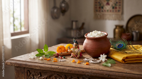 Krishna Janmashtami decorations with butter flute and peacock feather