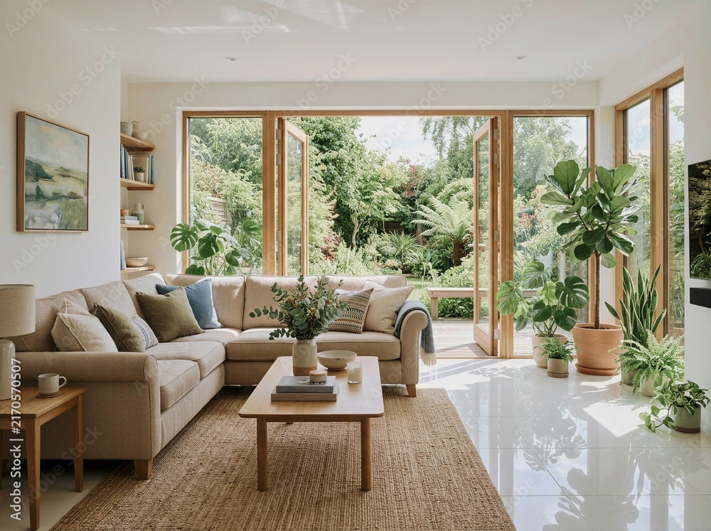 Fototapeta premium Modern living room with beige sofa and wooden coffee table near large windows