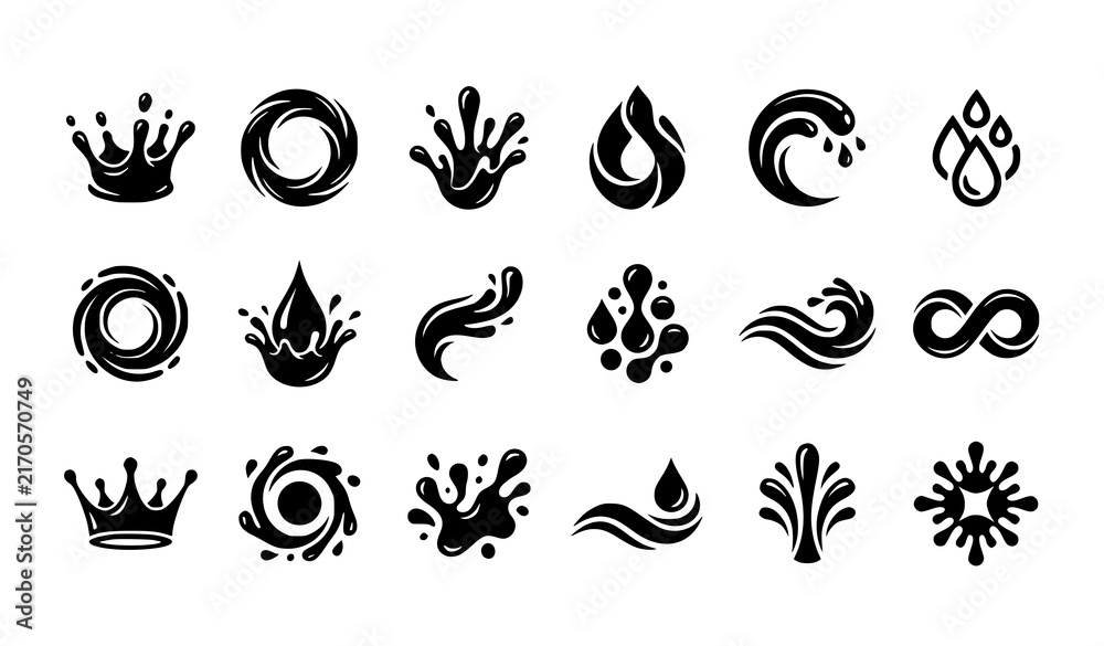 Obraz premium Liquid splash logo vector collection with abstract water drop and fluid branding symbols