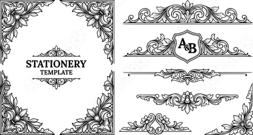 Floral Vine Decorative Corner Frames and Borders Vector Set – Black and White Ornament Line Art for Stationery