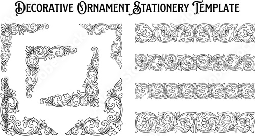 Floral Vine Decorative Corner Frames and Borders Vector Set – Black and White Ornament Line Art for Stationery