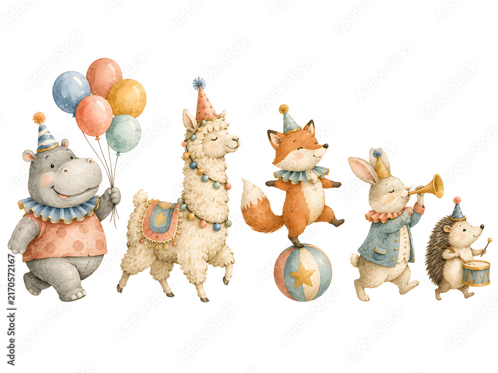 Obraz premium A cute watercolor illustration of a hippo, llama, fox, rabbit, and hedgehog performing in a circus.