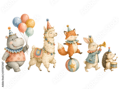 A cute watercolor illustration of a hippo, llama, fox, rabbit, and hedgehog performing in a circus.