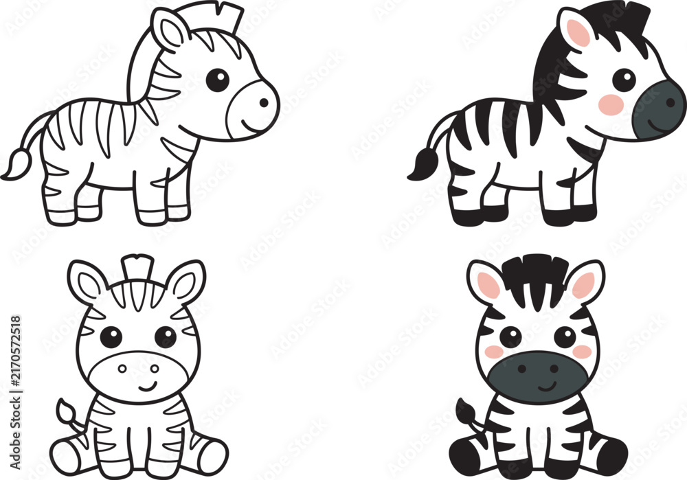 Obraz premium Cute baby zebra cartoon character set with coloring page outline versions for kids vector illustration