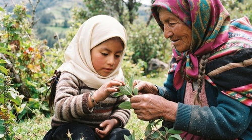 Indigenous young girl learning traditional plant knowledge from an older woman outdoors, examining leaves together in soft sunlight, representing cultural education, environmental stewardship and heri