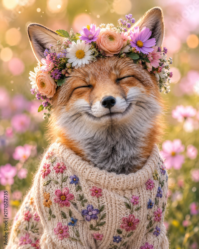 Fox wearing a floral sweater and flower crown in a dreamy garden