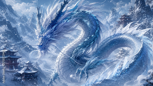 Majestic ice dragon flying through a snowy fantasy landscape