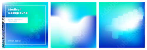Abstract blue and green medical gradient backgrounds with soft blurred healthcare crosses, smooth color gradation. Clean modern backdrop for healthcare, digital health, medical research, presentations