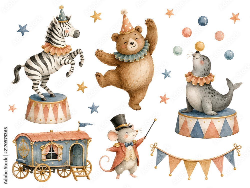 Obraz premium Adorable circus animals including a dancing bear, a zebra, a seal, and a mouse in a charming 3d style.