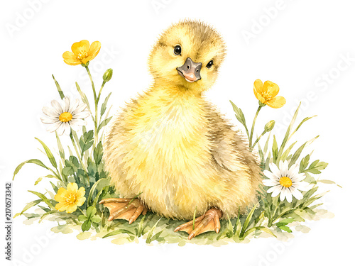 A cute little yellow duckling with webbed feet sits smiling in green grass with small white and yellow flowers.