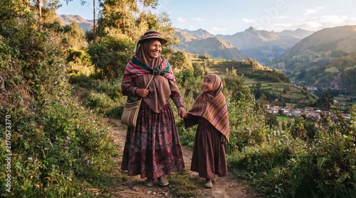 Photorealistic indigenous mother and daughter walking through a lush natural landscape, sharing an authentic connection that represents empowerment, cultural knowledge, family bonds and generation