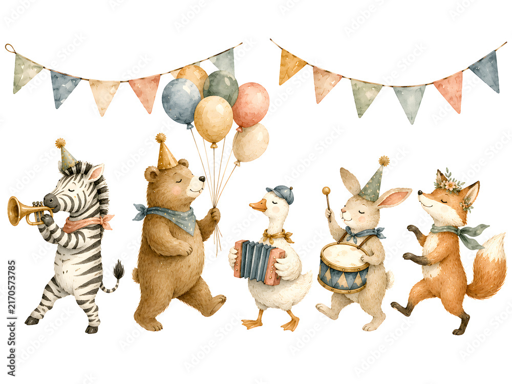 Fototapeta premium Adorable watercolor animals like a zebra, bear, duck, rabbit, and fox celebrate a birthday party with instruments and balloons.