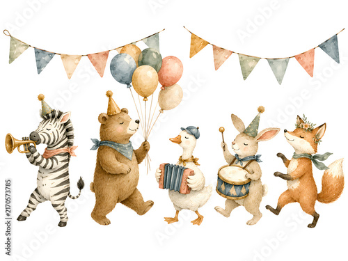 Adorable watercolor animals like a zebra, bear, duck, rabbit, and fox celebrate a birthday party with instruments and balloons.