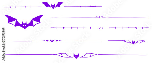 Halloween bat decorative dividers for spooky designs. Purple gothic line art with bat wing and heart motifs. Horizontal vector illustration set for seasonal projects.