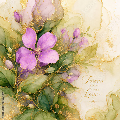 Elegant purple watercolor flower and dark green leaves with gold foil on alcohol ink background for wedding invitation
