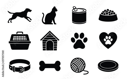 Pet shop icons set vector collection of dog cat food bone paw print house carrier collar accessories silhouette symbols isolated