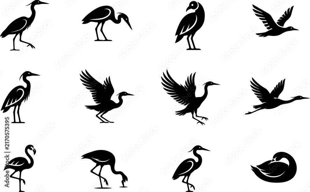 Naklejka premium Set of black silhouette icons featuring various herons cranes and water birds in different poses