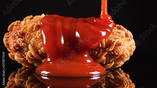 Delicious Fried Chicken with Ketchup: A close-up shot of crispy, golden-brown fried chicken being drenched in rich, red ketchup.