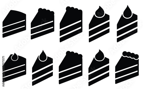 Cake slice icon set vector collection of delicious birthday piece of cake dessert bakery flat black simple minimal symbols isolated