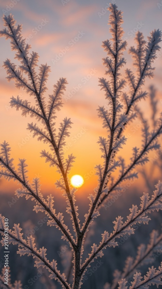 Obraz premium Frosty branches at sunrise mobile wallpaper