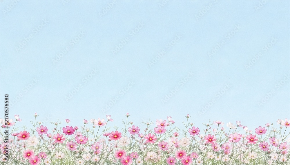 Obraz premium Cosmos Flowers Blooming Along a Pale Blue Sky Background with copy space