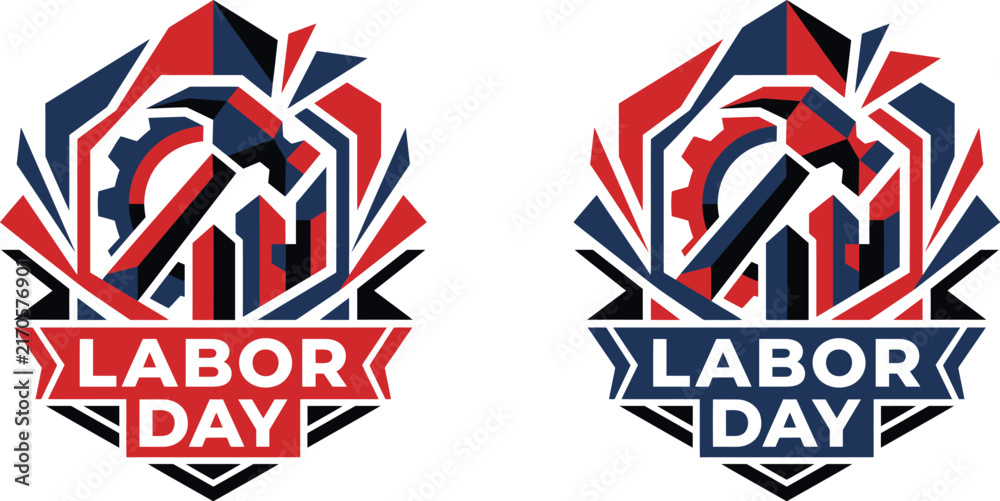 Obraz premium Labor day emblem with hammer and gear symbol in red blue and black colors