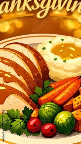 Festive thanksgiving dinner plate with sliced turkey, mashed potatoes topped with gravy, roasted carrots and brussels sprouts on a wooden table
