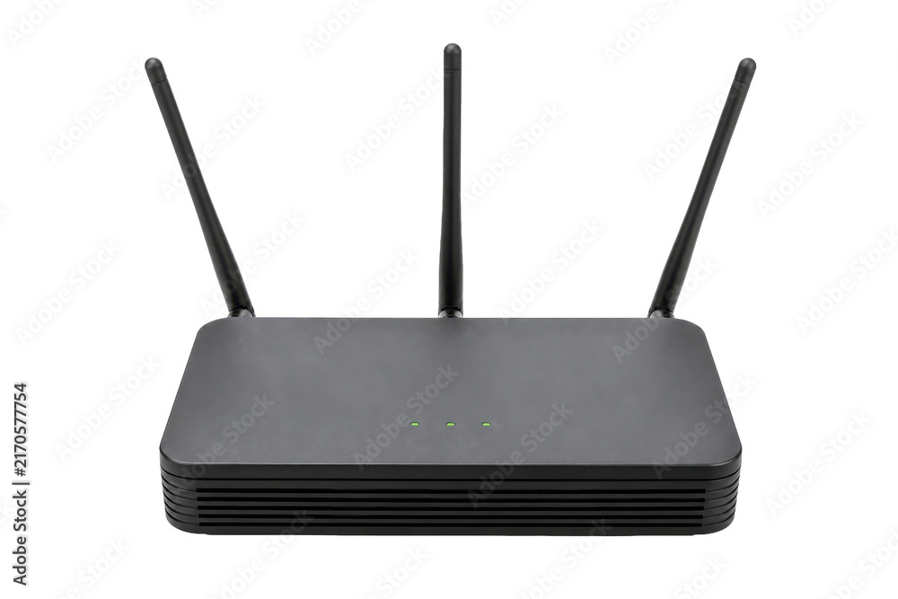 Fototapeta premium Black wireless internet router with three antennas and green indicator lights, isolated on a clean white background