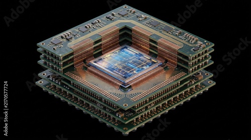 Naklejka A close-up view of a complex microprocessor showcasing intricate design and advanced technology patterns.