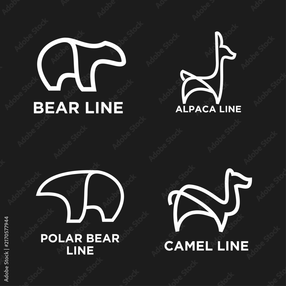 Naklejka premium Modern Animal Line Art Logos Collection: Bear, Alpaca, Polar Bear, and Camel Minimalist Vector Illustrations for Branding Design