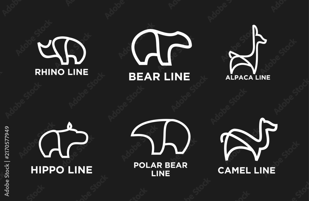 Naklejka premium Minimalist Line Art Animal Logos Collection: Rhino, Bear, Alpaca, Hippo, Polar Bear, Camel Designs