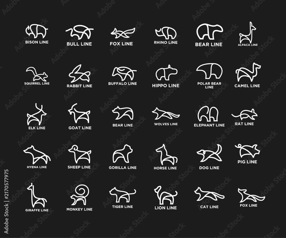 Naklejka premium Collection of minimalist animal line art icons. Modern simple outline vector logos for wildlife, pets, and farm animals.
