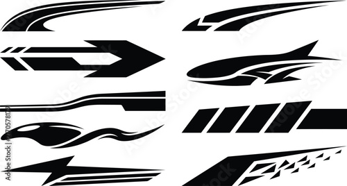 Foto Set of black vehicle side decals featuring racing stripes, sharp arrow shapes, a