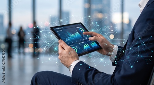 Businessman holding tablet displaying complex data analytics dashboard with glowing digital network connections and nodes overlay, representing global connectivity and cloud