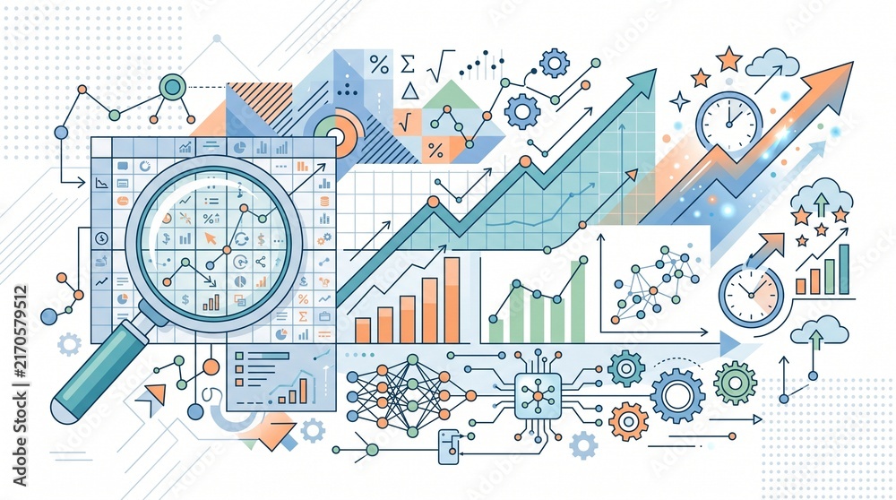 Naklejka premium Predictive big data analytics illustration with statistical patterns, forecast charts, connected datasets and machine learning technology for business insights.