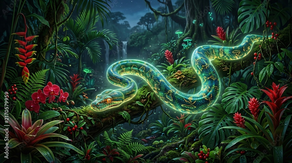 Obraz premium Glowing bioluminescent snake coiled on a mossy branch in a mystical tropical rainforest, fantasy jungle wildlife illustration.
