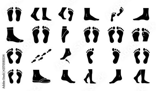 Human Footprint and Barefoot Silhouette Icon Set with Walking Footsteps, Socks, Orthopedic Steps, and Podiatry Care Symbols for Medical, Fitness, and Lifestyle Designs