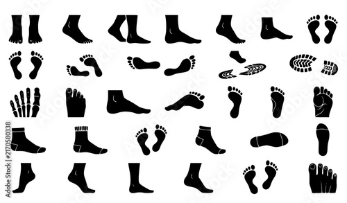 Comprehensive Human Footprint and Barefoot Silhouette Set with Shoe Sole Prints, Socks, Anatomy Bones, and Walking Trail Symbols for Podiatry, Medical, and Outdoor Designs