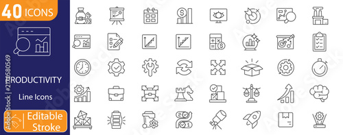 Productivity Icons Set Representing Time Management, Task Planning, Efficiency, Organization, Workflow and Workplace Productivity. Editable Stroke.