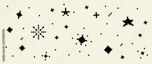 Minimal retro 8bit sky background with pixel stars, sparkle icons, twinkles and decorative symbols. Y2K universe vector pattern for web graphics, aesthetic bg and digital products. Vector illustration