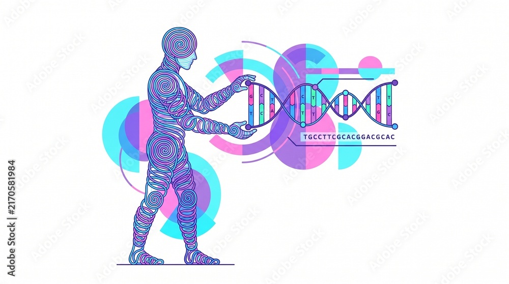 Naklejka premium Tech Human Figure Interacting With DNA Double Helix Flat Illustration