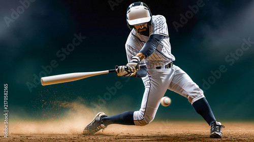 Baseball Batter Swing A focused baseball player in uniform swings a bat at a pitched ball, captured mid-action on a dusty field, embodying the power and precision of the sport.