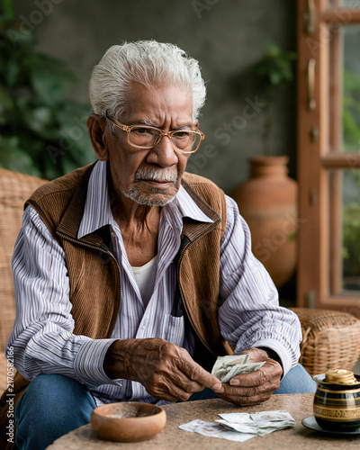 Elderly Man Counting Money An elderly man with a thoughtful expression sits at a table, carefully counting a small wad of cash, with a bowl and a jar nearby.
